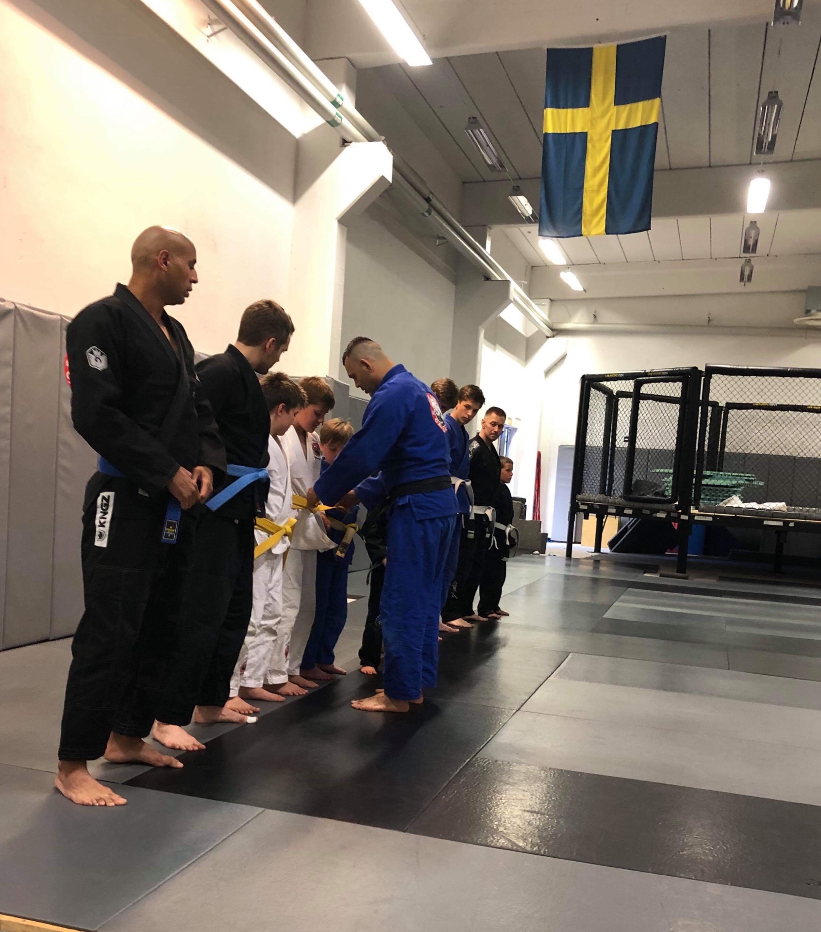 Belt ceremony with students lined up at Team Carvalho Göteborg
